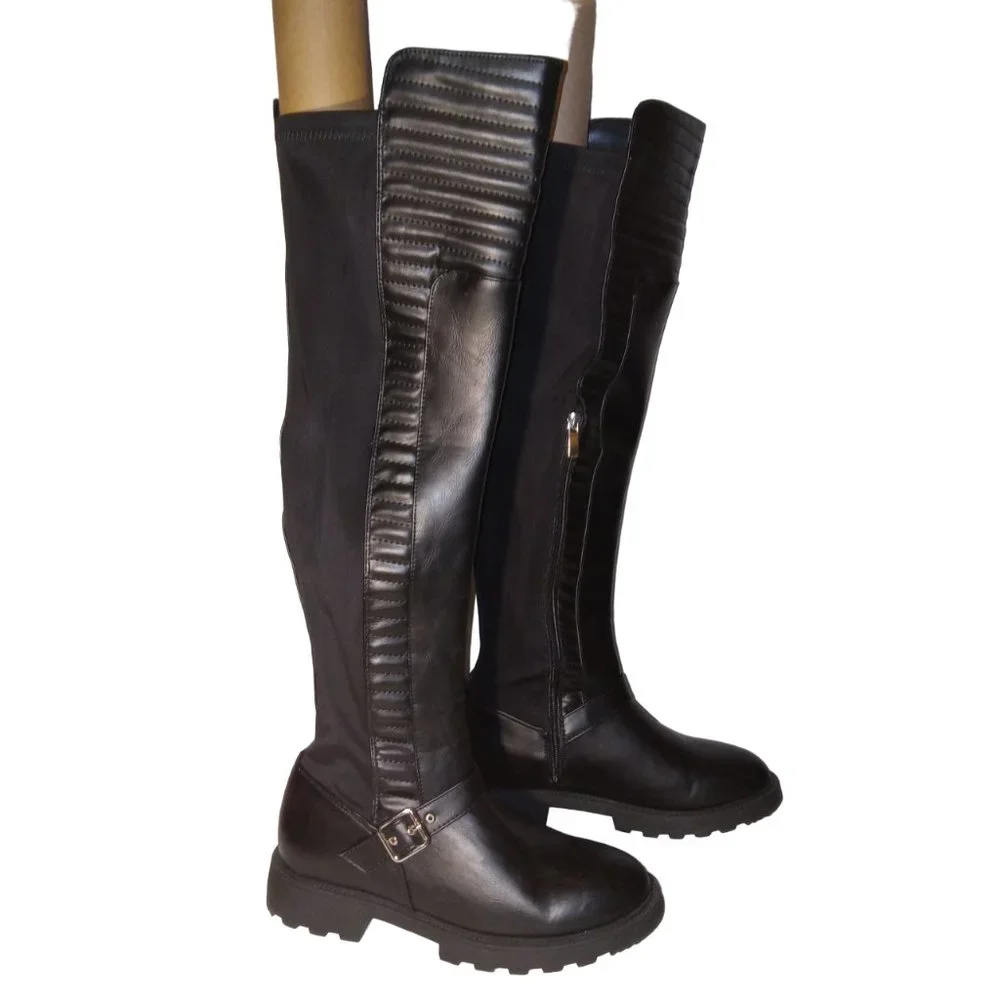 Urmi Riding Boots Buckle Black Faux-Leather size 7.5 7-½